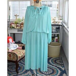 Vintage 1970s Aqua Polyester Midi Dress Tie Neck Draped Style LS Size 2X